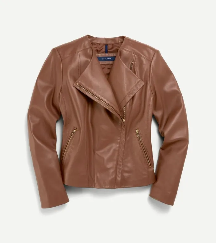 Asymmetrical Leather Jacket Hickory Brown Women Cole Haan Jackets and Coats