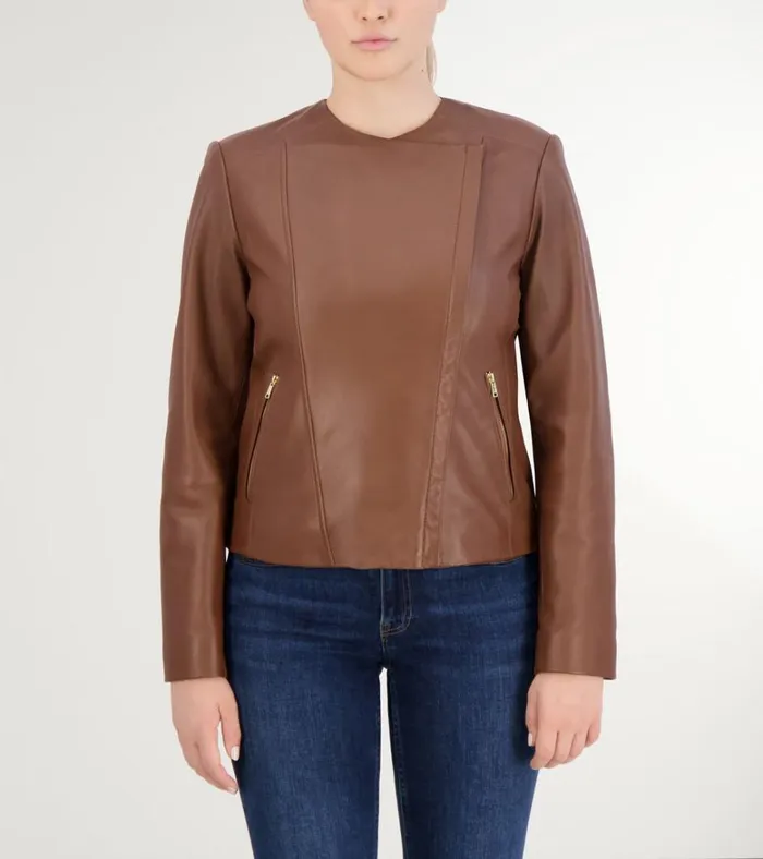 Asymmetrical Leather Jacket Hickory Brown Women Cole Haan Jackets and Coats