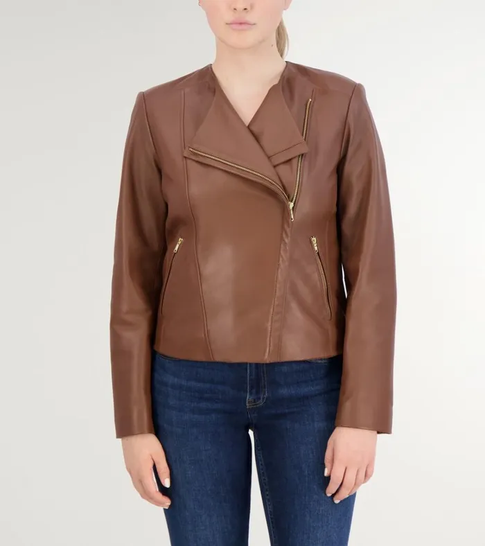 Asymmetrical Leather Jacket Hickory Brown Women Cole Haan Jackets and Coats