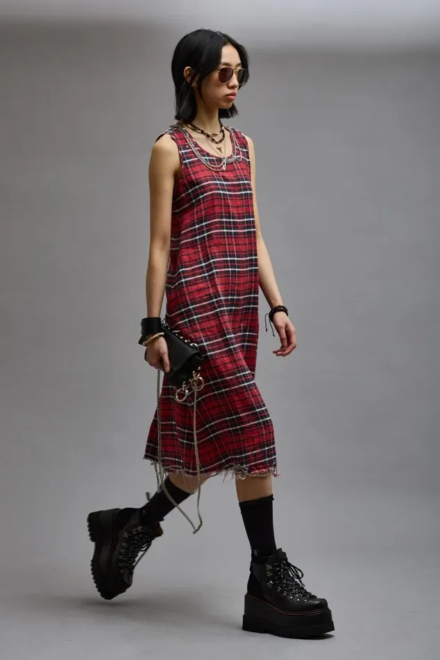 CHAIN EMBELLISHED MIDI 8211 RED PLAID Women R13 Dresses and Skirts