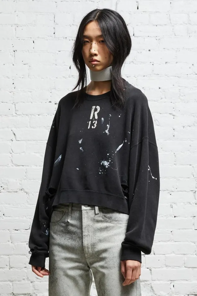 CROPPED R13 CREWNECK 8211 ACID BLACK Women R13 Tops