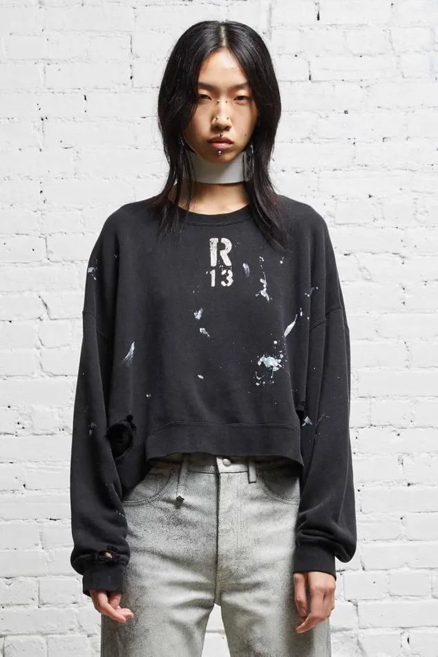 CROPPED R13 CREWNECK 8211 ACID BLACK Women R13 Tops