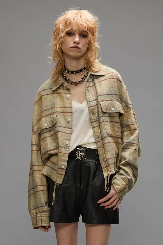 CROPPED WORKSHIRT 8211 BLEACHED LIGHT BLUE PLAID Women R13 Tops