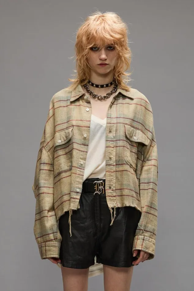 CROPPED WORKSHIRT 8211 BLEACHED LIGHT BLUE PLAID Women R13 Tops