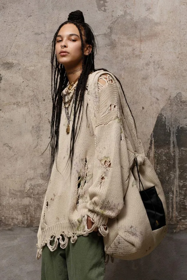 DISTRESSED OVERSIZED SWEATER 8211 FLORAL ON KHAKI Women R13 Sweaters