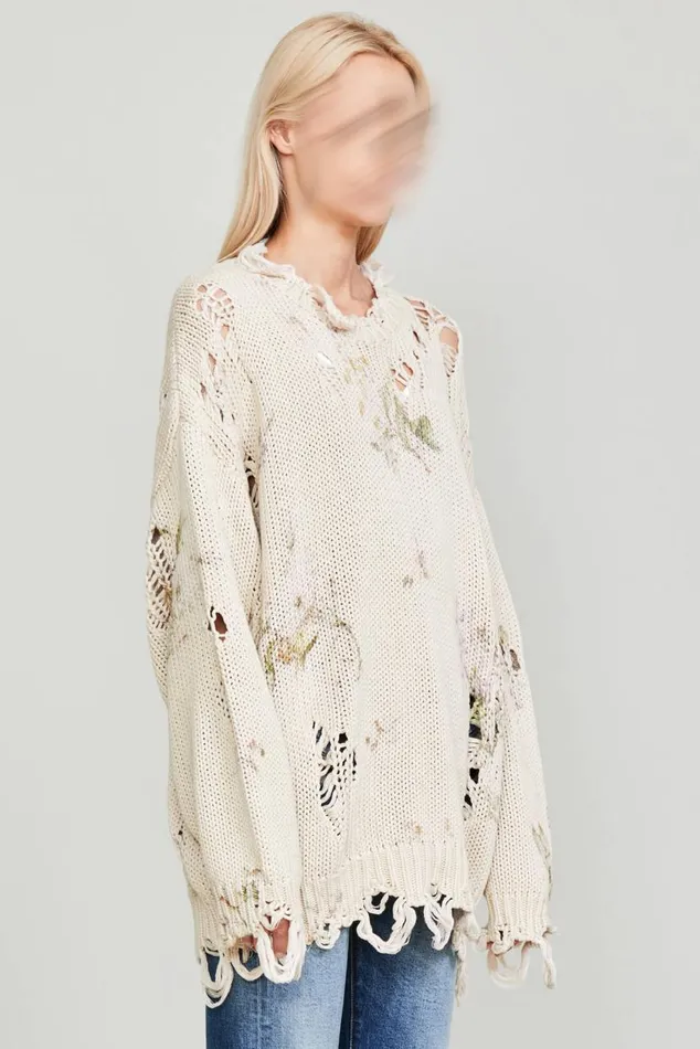 DISTRESSED OVERSIZED SWEATER 8211 FLORAL ON KHAKI Women R13 Sweaters