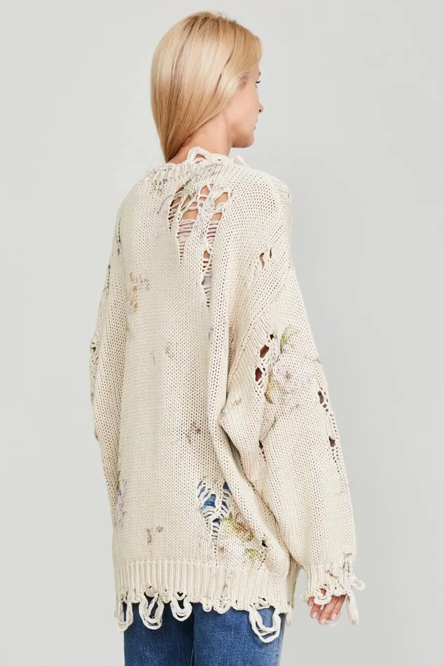 DISTRESSED OVERSIZED SWEATER 8211 FLORAL ON KHAKI Women R13 Sweaters