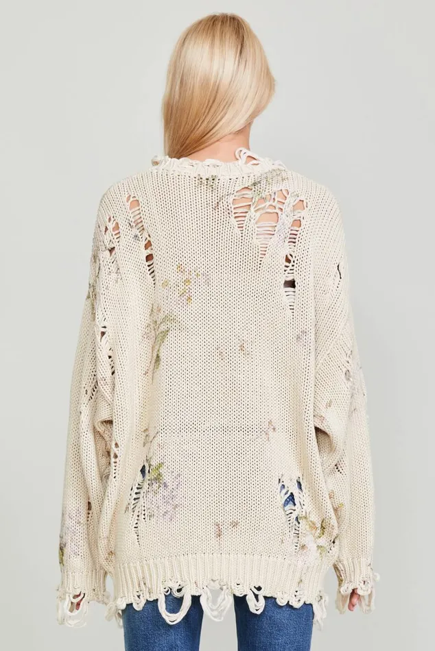 DISTRESSED OVERSIZED SWEATER 8211 FLORAL ON KHAKI Women R13 Sweaters