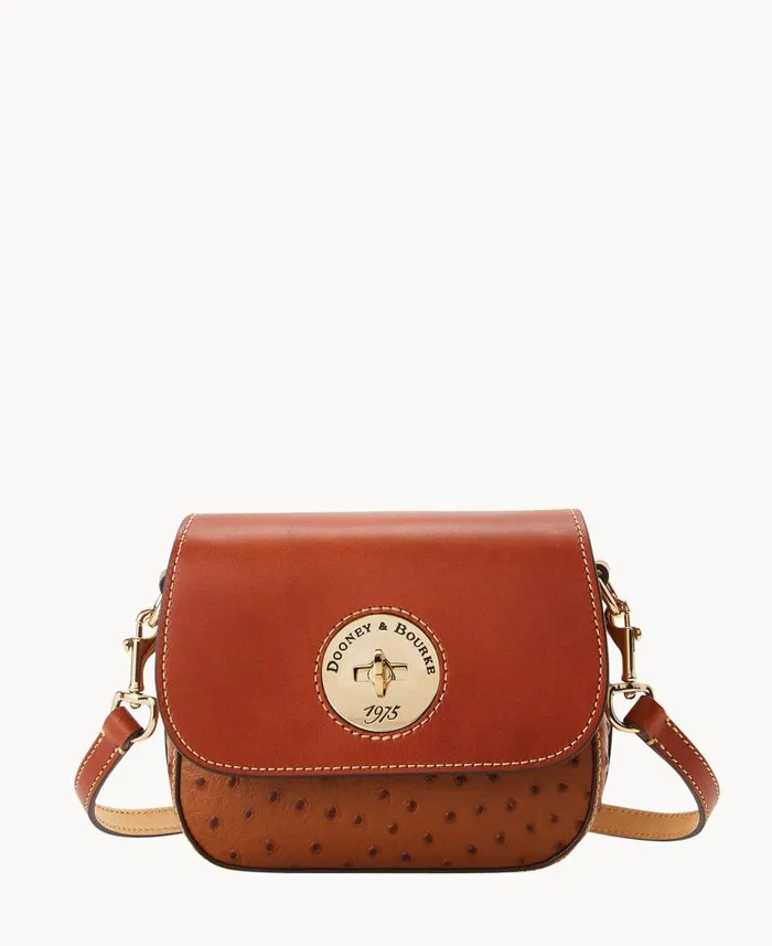 Dooney and Bourke Ostrich Turnlock Flap Saddle Caramel WomenMen Crossbodies