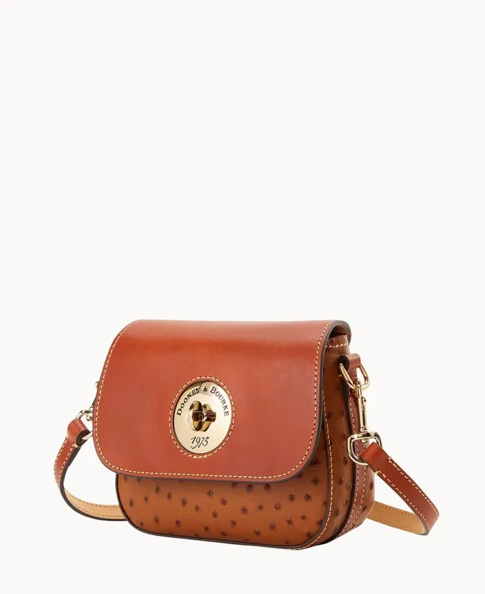 Dooney and Bourke Ostrich Turnlock Flap Saddle Caramel WomenMen Crossbodies