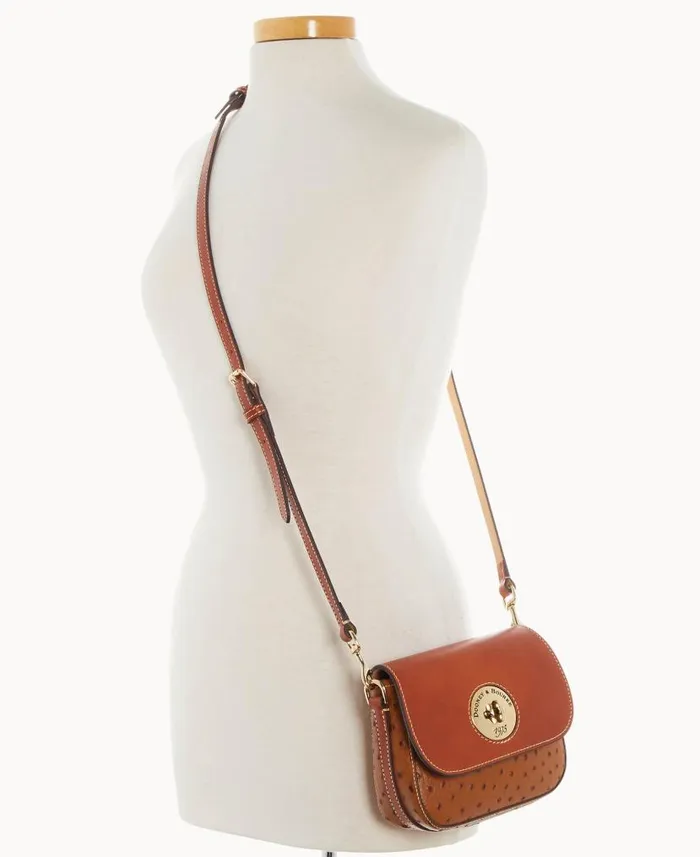 Dooney and Bourke Ostrich Turnlock Flap Saddle Caramel WomenMen Crossbodies
