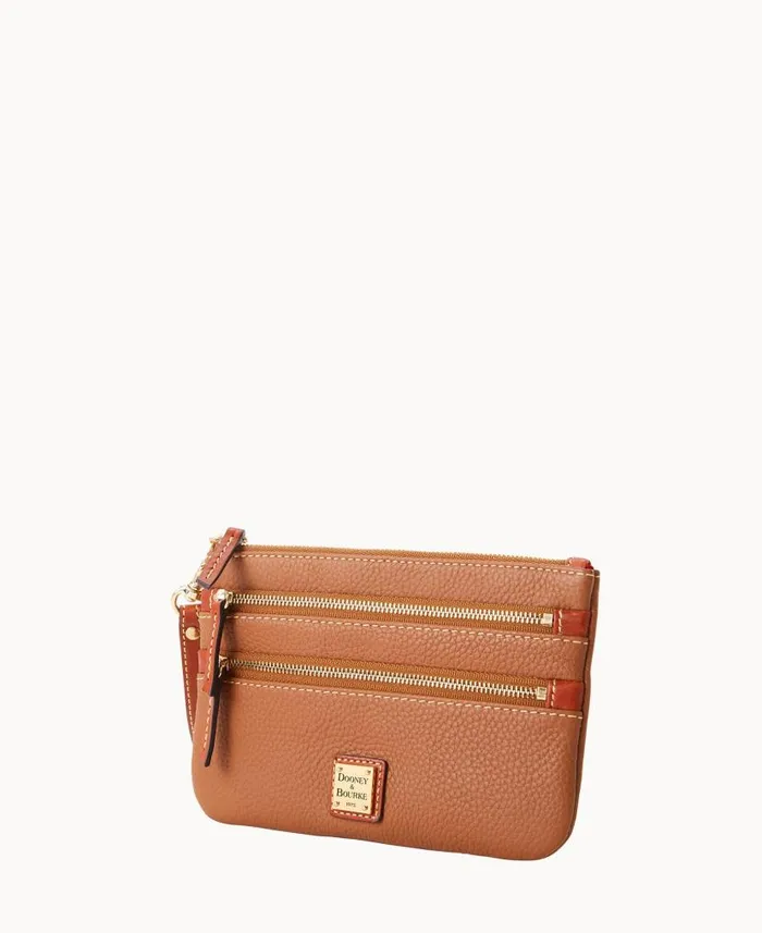 Dooney and Bourke Pebble Grain Triple Zip Wristlet Caramel WomenMen Wallets