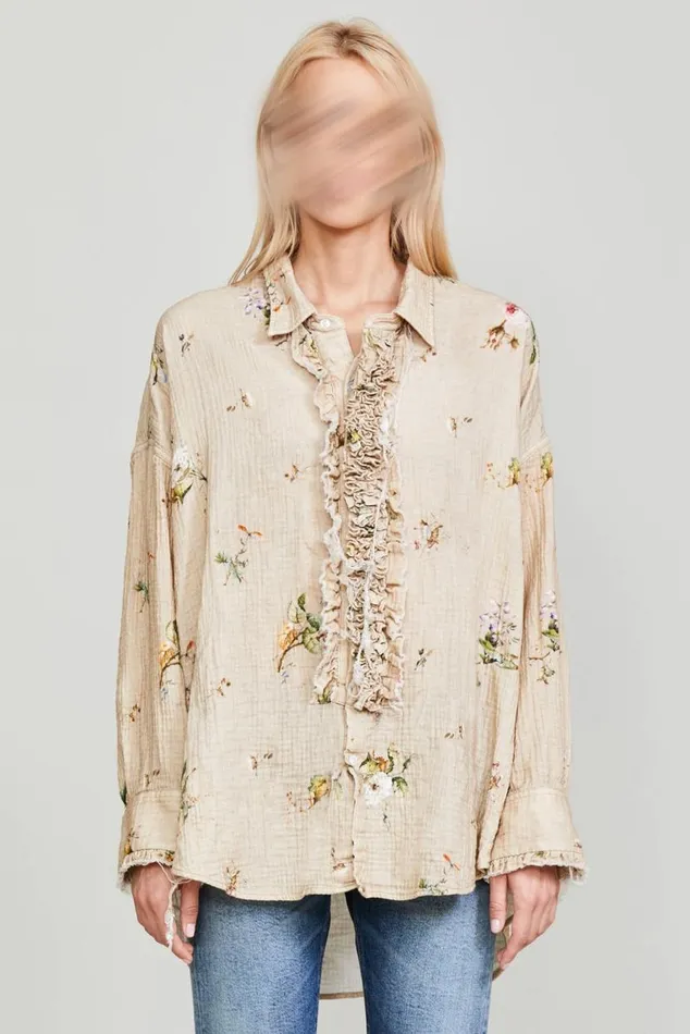 DROP NECK TUXEDO SHIRT 8211 FLORAL ON KHAKI Women R13 Tops