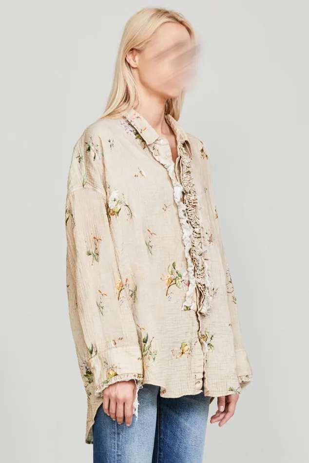 DROP NECK TUXEDO SHIRT 8211 FLORAL ON KHAKI Women R13 Tops