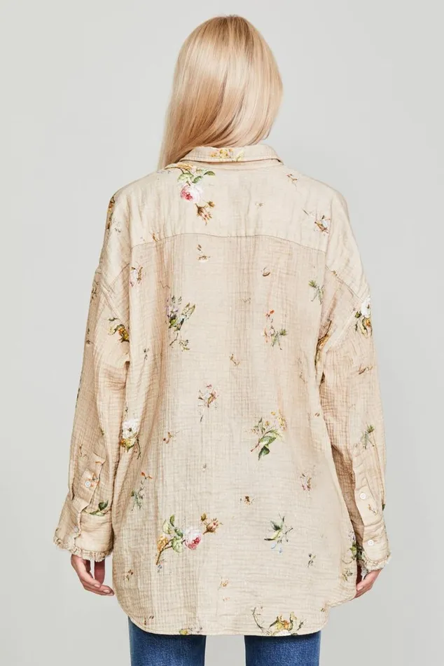 DROP NECK TUXEDO SHIRT 8211 FLORAL ON KHAKI Women R13 Tops