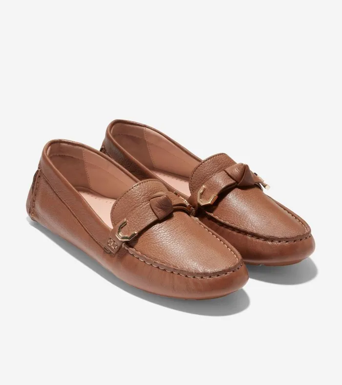 Evelyn Bow Driver Pecan Leather Women Cole Haan Loafers and Drivers
