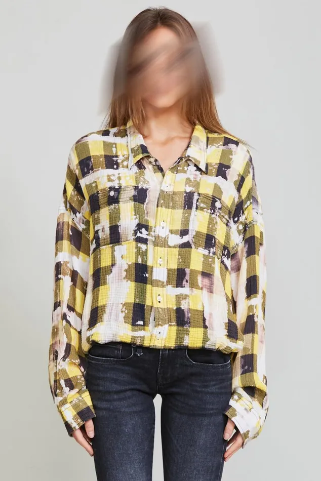 Gathered Hem Work Shirt 8211 Bleached Yellow Plaid Women R13 Tops