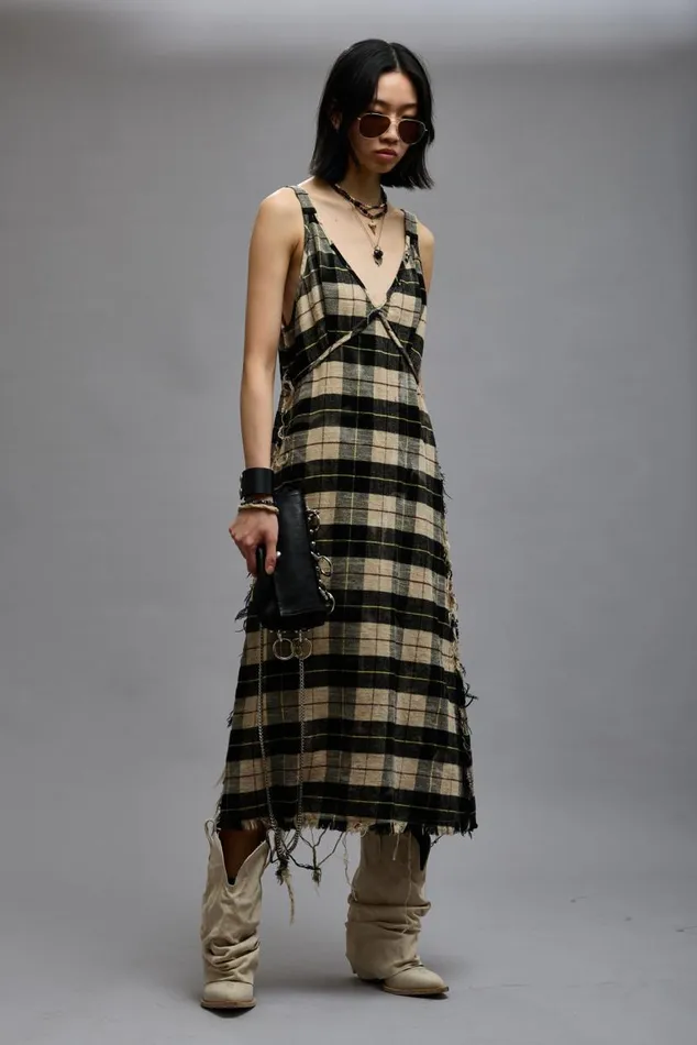 GRUNGE SLIP 8211 BLEACHED ECRU PLAID Women R13 Dresses and Skirts