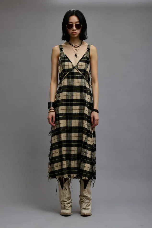 GRUNGE SLIP 8211 BLEACHED ECRU PLAID Women R13 Dresses and Skirts