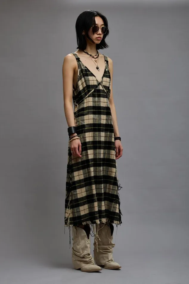 GRUNGE SLIP 8211 BLEACHED ECRU PLAID Women R13 Dresses and Skirts