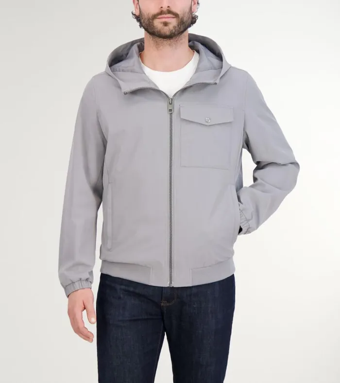 Hooded Jacket With Rib Hem Gray Men Cole Haan Rain Jackets