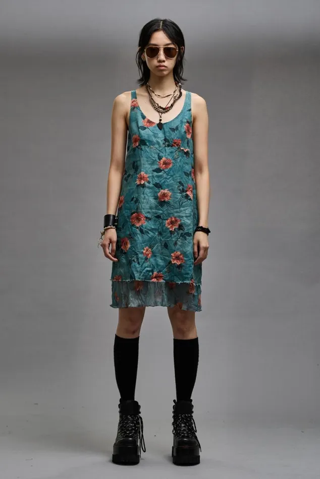 LAYERED FLOUNCE TANK SLIP 8211 BLUE FLORAL Women R13 Dresses and Skirts