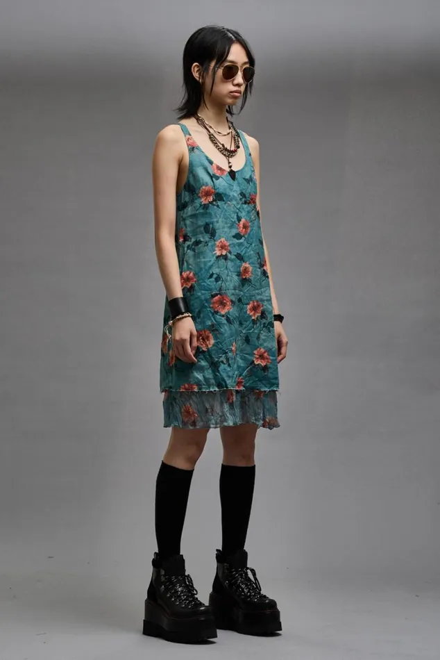LAYERED FLOUNCE TANK SLIP 8211 BLUE FLORAL Women R13 Dresses and Skirts