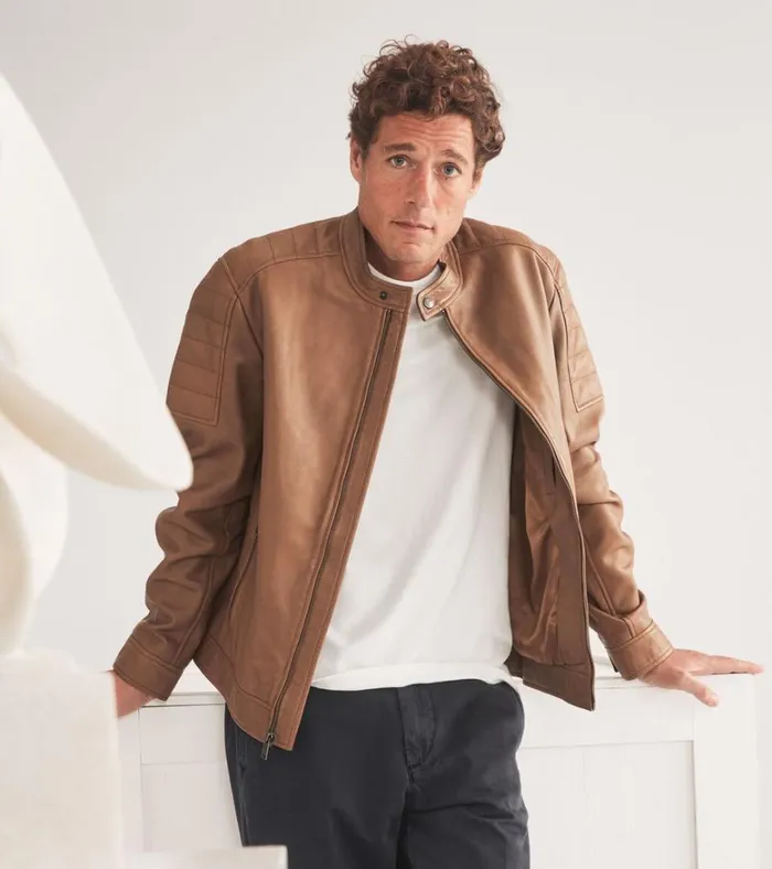 Leather Racer Jacket Camel Men Cole Haan Leather Jackets