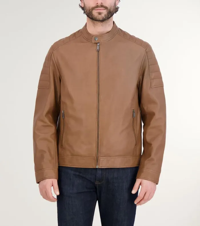 Leather Racer Jacket Camel Men Cole Haan Leather Jackets