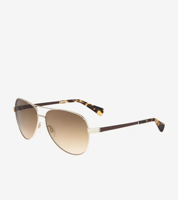 MetalLeather Aviator Sunglasses Gold MenWomen Cole Haan Sunglasses
