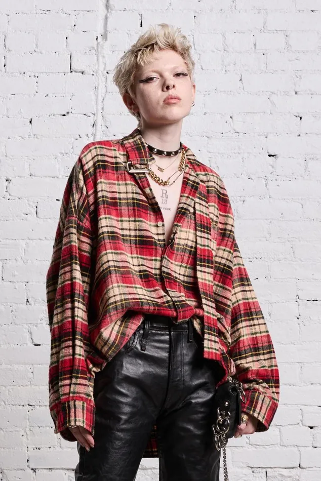 OVERSIZED BELT COLLAR SHIRT 8211 BLEACHED RED PLAID Women R13 Tops