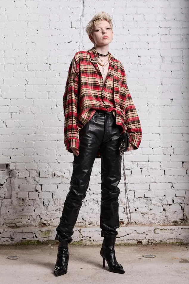 OVERSIZED BELT COLLAR SHIRT 8211 BLEACHED RED PLAID Women R13 Tops