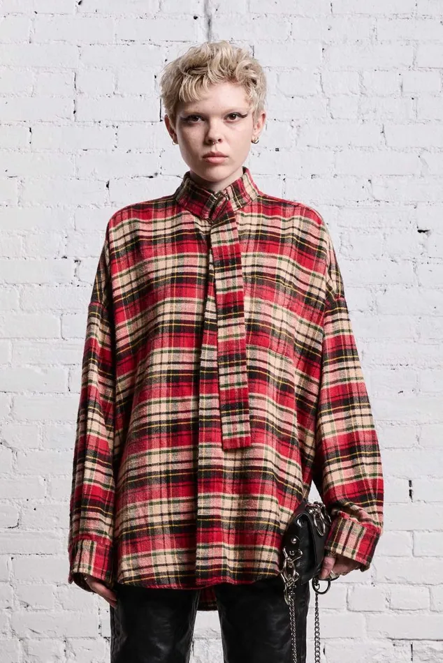 OVERSIZED BELT COLLAR SHIRT 8211 BLEACHED RED PLAID Women R13 Tops