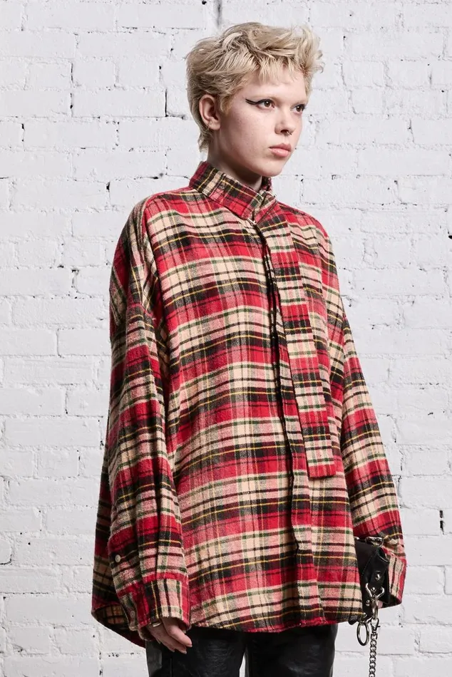 OVERSIZED BELT COLLAR SHIRT 8211 BLEACHED RED PLAID Women R13 Tops