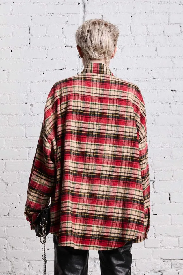 OVERSIZED BELT COLLAR SHIRT 8211 BLEACHED RED PLAID Women R13 Tops