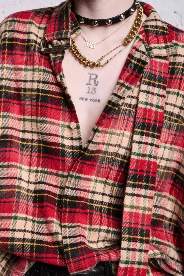 OVERSIZED BELT COLLAR SHIRT 8211 BLEACHED RED PLAID Women R13 Tops