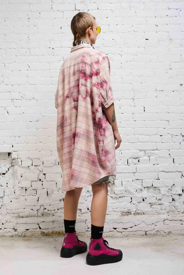 OVERSIZED BOXY SHIRTDRESS 8211 BLEACHED RED PLAID Women R13 Dresses and Skirts
