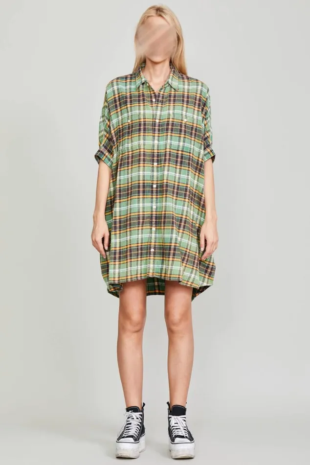 OVERSIZED BOXY SHIRTDRESS 8211 GREEN PLAID Women R13 Tops