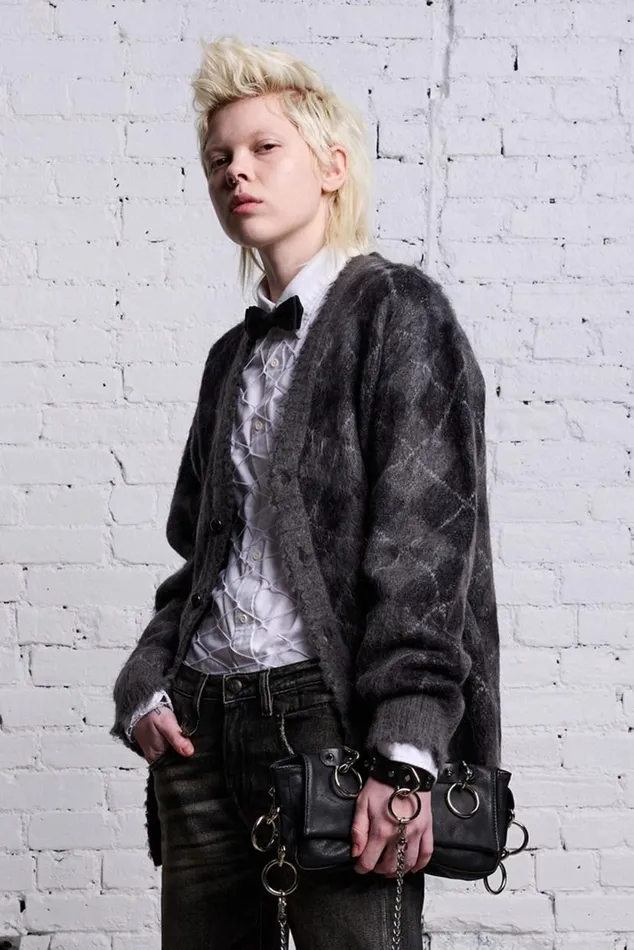 OVERSIZED DISTRESSED EDGE CARDIGAN 8211 CHARCOALBLACK ARGYLE Women R13 Tops