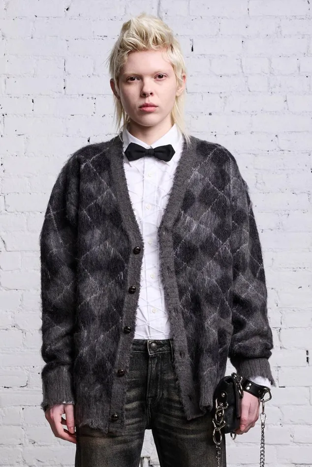 OVERSIZED DISTRESSED EDGE CARDIGAN 8211 CHARCOALBLACK ARGYLE Women R13 Tops