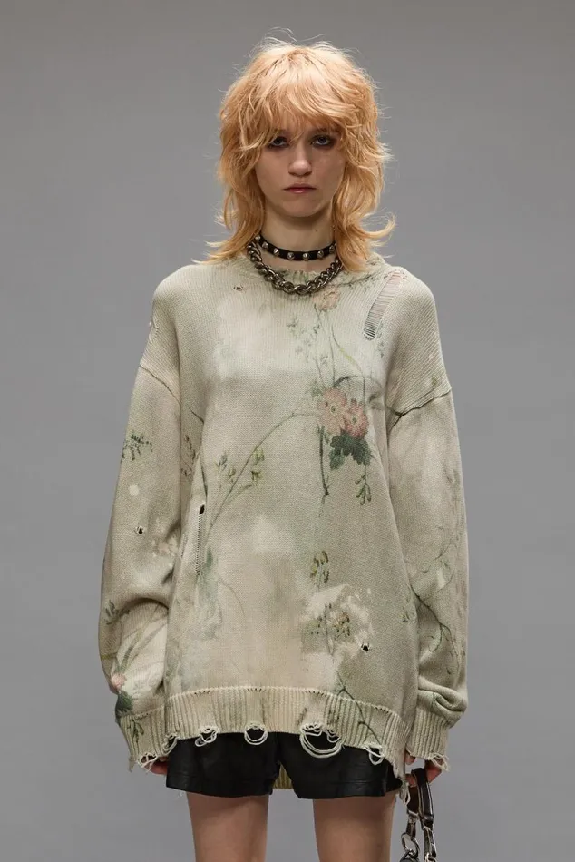 PRINTED BOYFRIEND SWEATER 8211 BLEACHED CREAM FLORAL Women R13 Sweaters