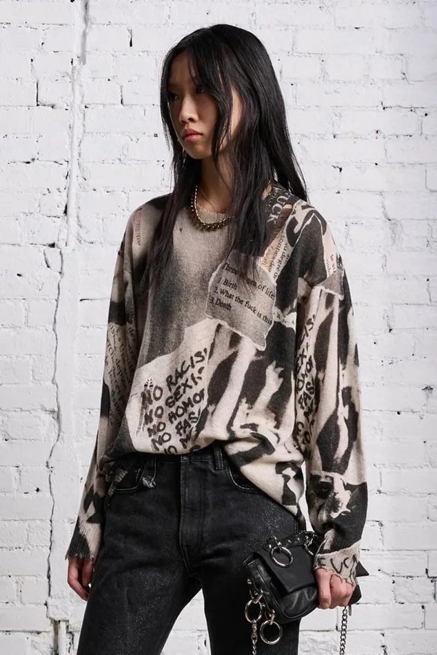 PRINTED BOYFRIEND SWEATER 8211 NEWSPAPER Women R13 Sweaters