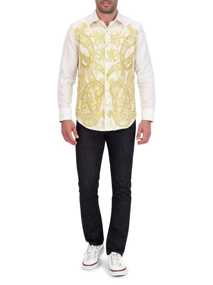 Robert Graham Long Sleeve Button Down Shirts Men LIMITED EDITION THE 24 KARAT LONG SLEEVE BUTTON DOWN SHIRT White
