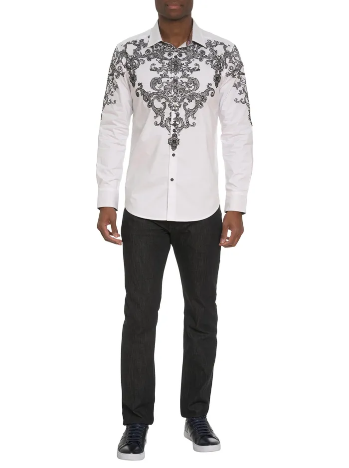 Robert Graham Long Sleeve Button Down Shirts Men LIMITED EDITION THE FINE FILIGREE LONG SLEEVE BUTTON DOWN SHIRT White