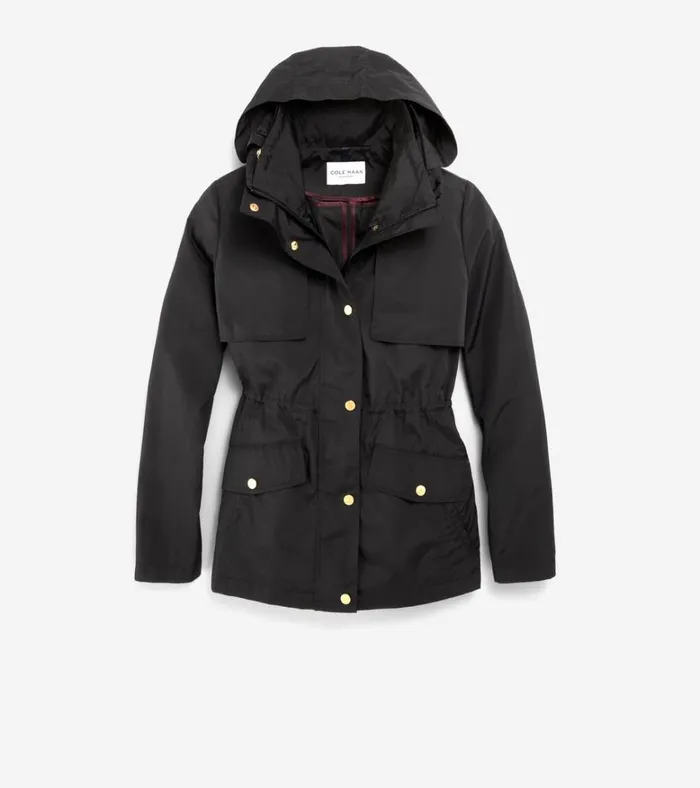 Short Packable Hooded Rain Jacket Black Women Cole Haan Rain Jackets