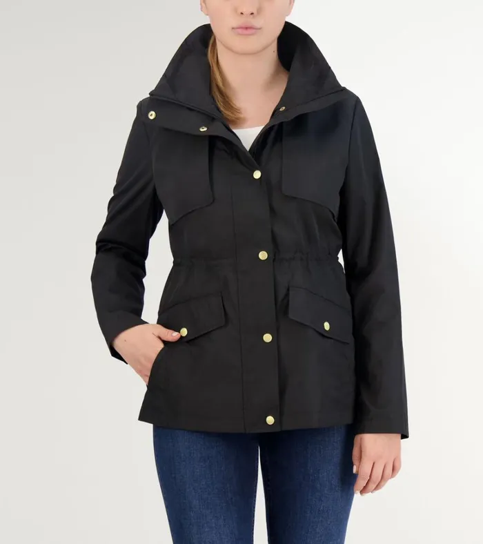 Short Packable Hooded Rain Jacket Black Women Cole Haan Rain Jackets