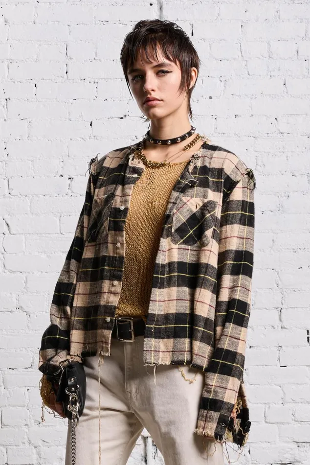 SHREDDED CREWNECK SHIRT 8211 BLEACHED BEIGE PLAID Women R13 Tops
