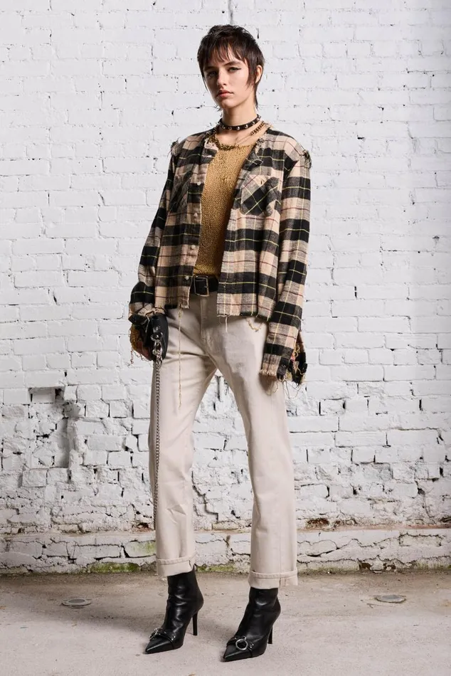 SHREDDED CREWNECK SHIRT 8211 BLEACHED BEIGE PLAID Women R13 Tops