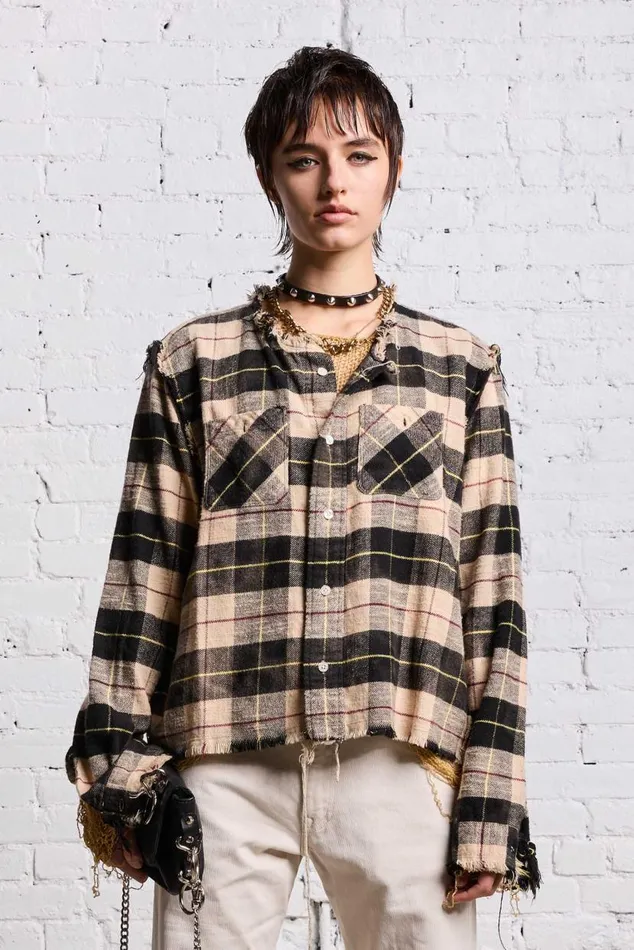 SHREDDED CREWNECK SHIRT 8211 BLEACHED BEIGE PLAID Women R13 Tops