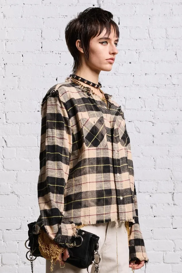 SHREDDED CREWNECK SHIRT 8211 BLEACHED BEIGE PLAID Women R13 Tops